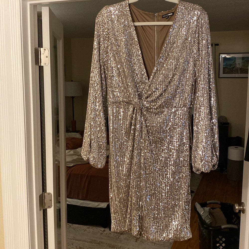 Silver Sparkle Long Sleeve Party Dress